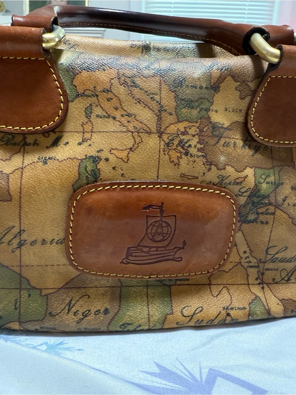 Alviero Martini Tan & Brown Map-Print Leather Messenger Bag